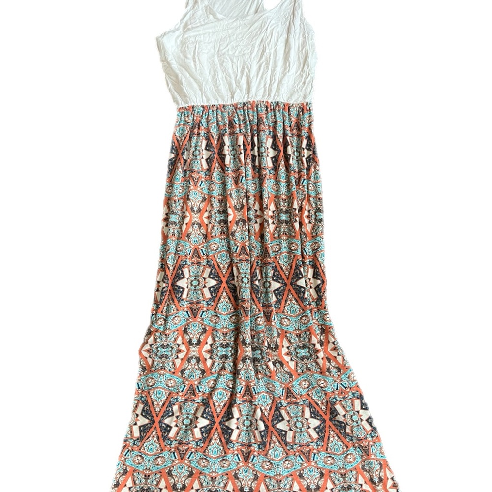 Elegant White and Multicolor Patterned Maxi Dress